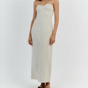 DISSH Linen Tan Beige Strapless Maxi Dress Sleeveless Slit Bustier Boned Sz 2